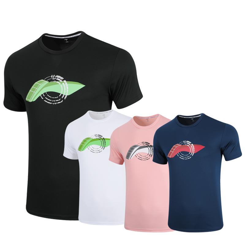 李宁 羽毛球服男女LOGO文化衫速干透气运动短袖 黑色/标准白/藏青蓝/浅樱粉 AHSSC03-1-2-3-4