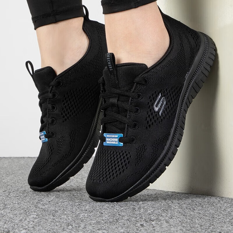 斯凯奇女鞋休闲鞋黑色跑步鞋软底健步鞋透气运动鞋子女 104412-BBK