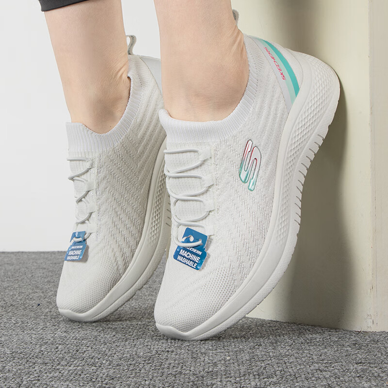 斯凯奇女鞋休闲鞋轻便跑步鞋软底一脚蹬透气运动鞋子女 8750049-WHT