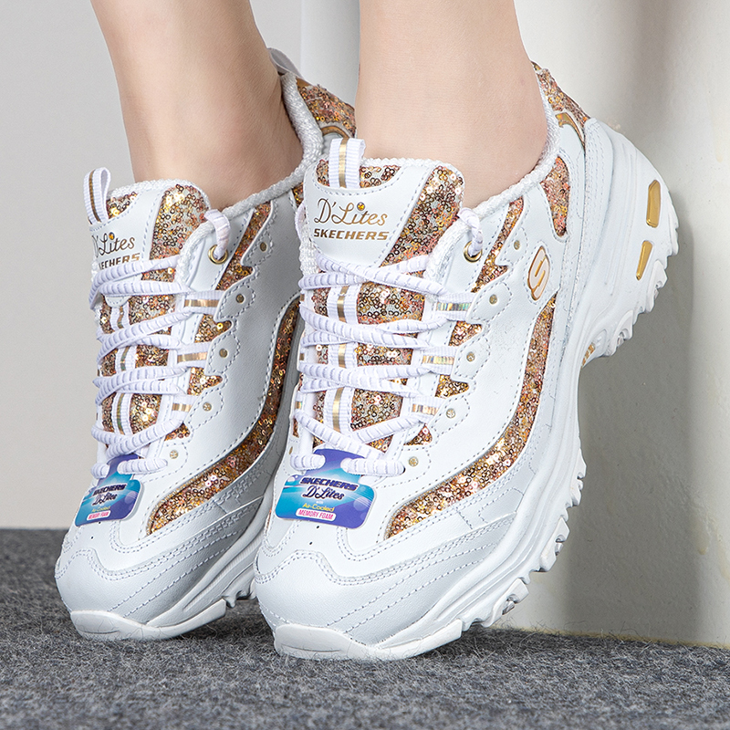 斯凯奇女鞋时尚绑带运动鞋经典复古厚底鞋亮片低帮休闲鞋 11916-WGD