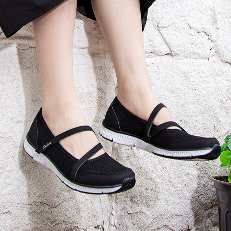 斯凯奇女鞋 复古玛丽珍运动鞋透气网布懒人单鞋平底鞋舒适芭蕾鞋 100354-BKW