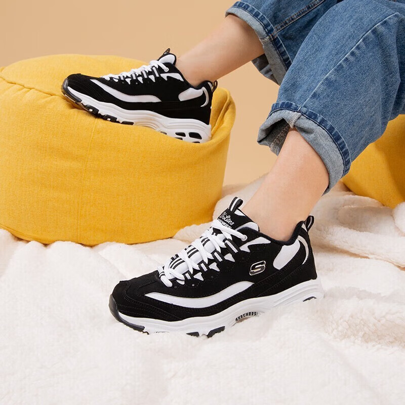 斯凯奇女鞋经典加绒熊猫鞋跑步鞋保暖休闲鞋运动鞋厚底增高老爹鞋 66666125-BKW