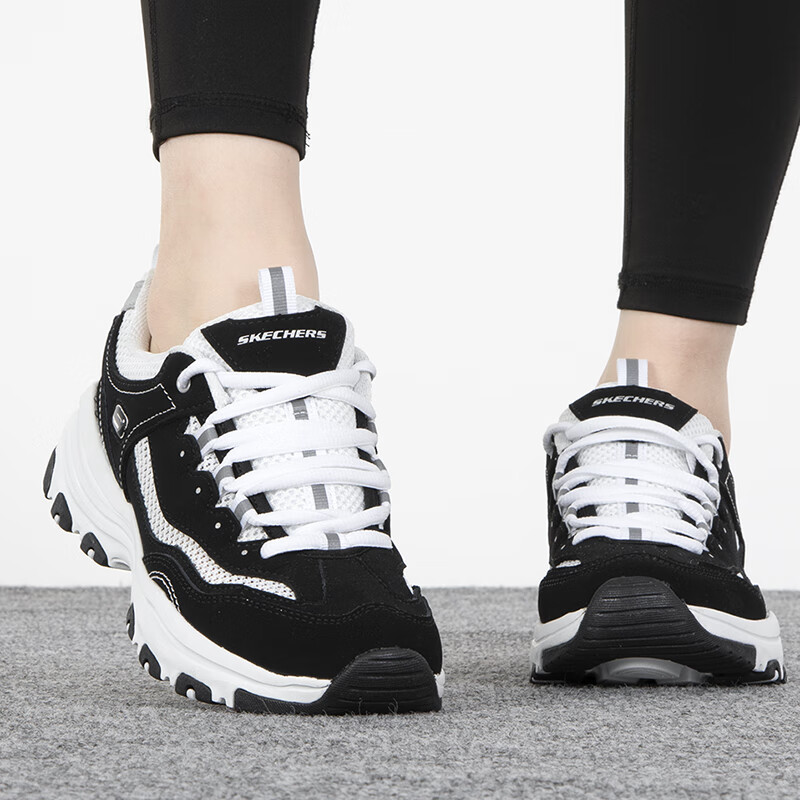 斯凯奇女鞋 运动鞋轻便网眼透气休闲鞋厚底增高老爹鞋熊猫鞋 8730065-BKW