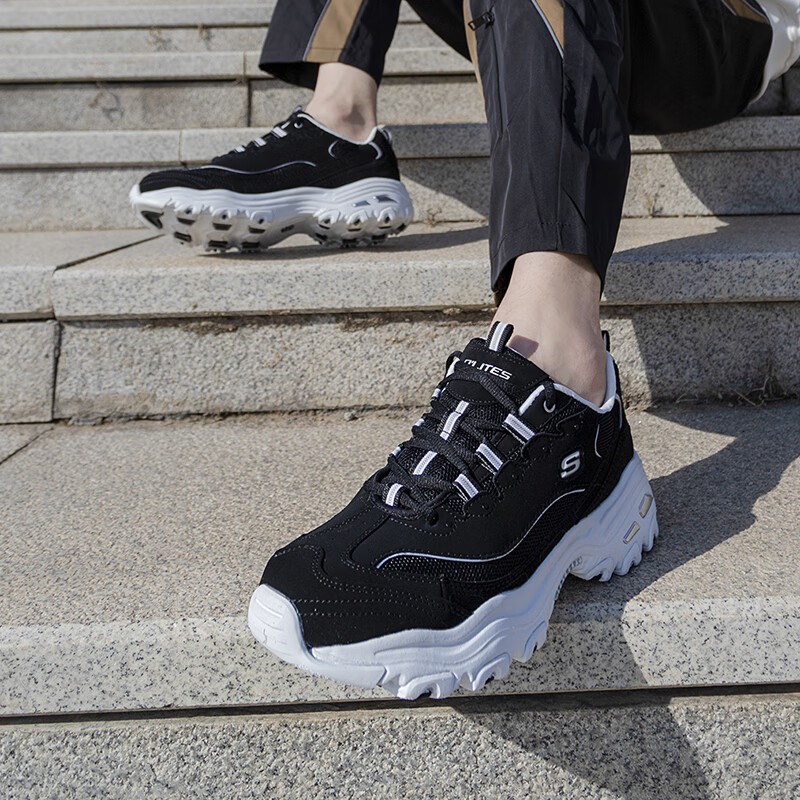 斯凯奇男鞋 熊猫鞋轻便休闲鞋厚底增高老爹鞋网面透气运动鞋 666090-BLK