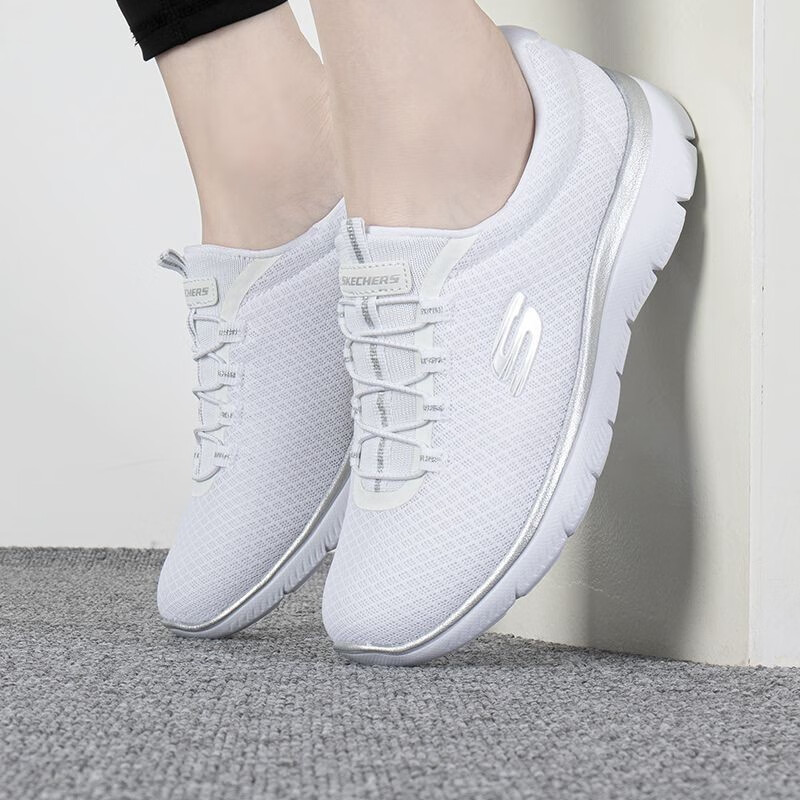 斯凯奇女鞋轻便减震休闲鞋橡筋一脚穿透气布运动鞋 12980-WSL