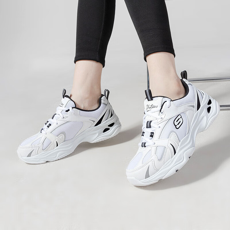 斯凯奇女鞋2023年新款夏季厚底熊猫鞋时尚老爹鞋潮流运动鞋轻便休闲鞋 896190-WBK