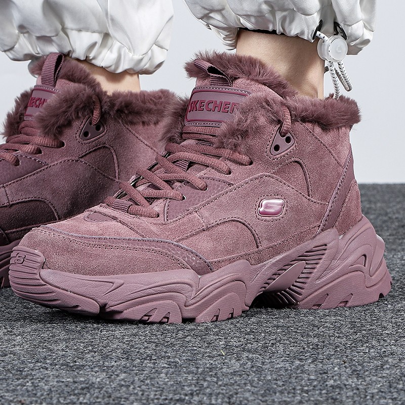 斯凯奇女鞋运动鞋轻质短靴翻毛领保暖防风一脚穿雪地靴棉鞋 167338-WINE
