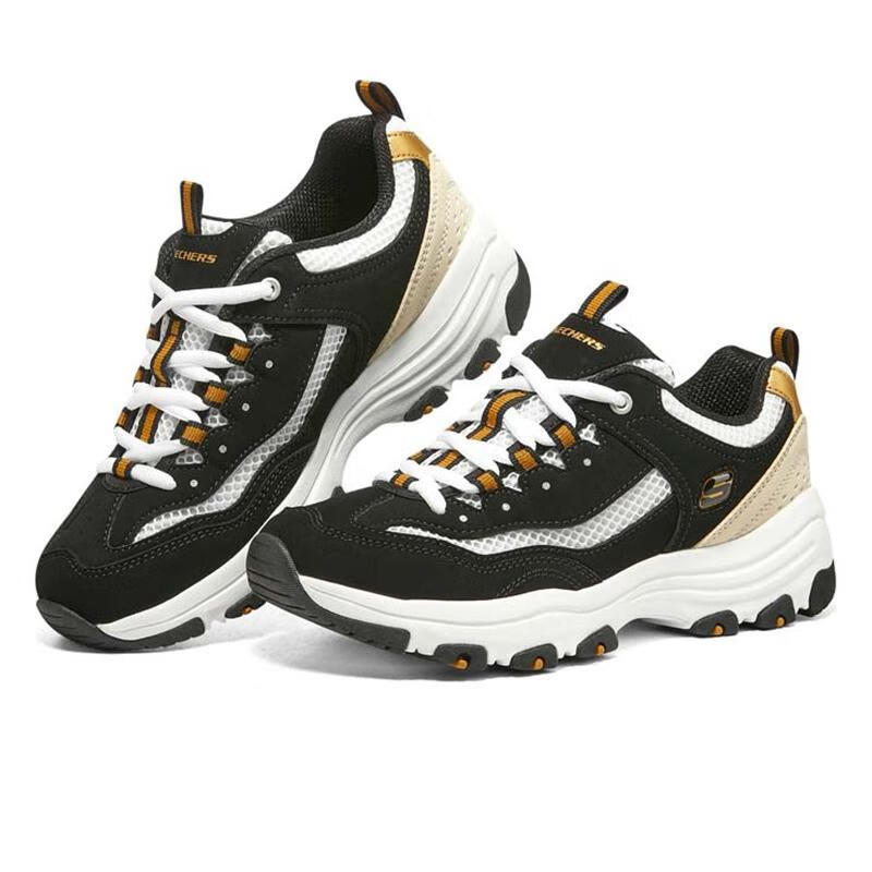 斯凯奇女鞋黑金熊猫鞋轻便减震休闲鞋女厚底增高老爹鞋女低帮透气运动鞋 8730066-BKGD