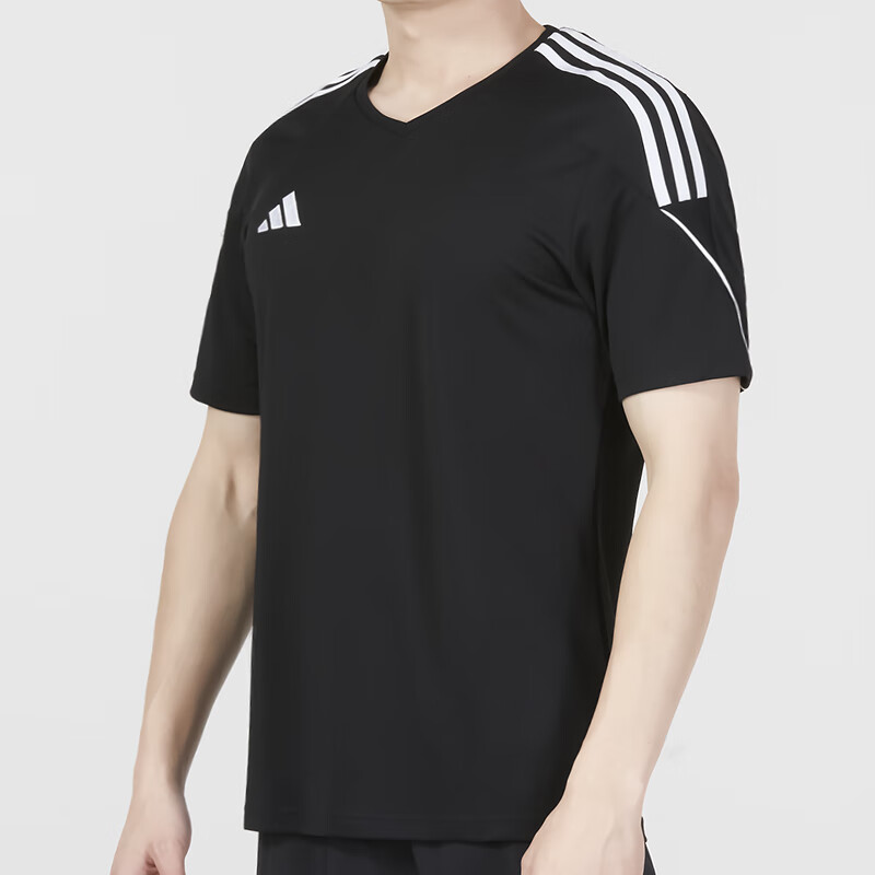 阿迪达斯男装黑色经典三条纹休闲T恤跑步训练快干透气短袖 HR4607