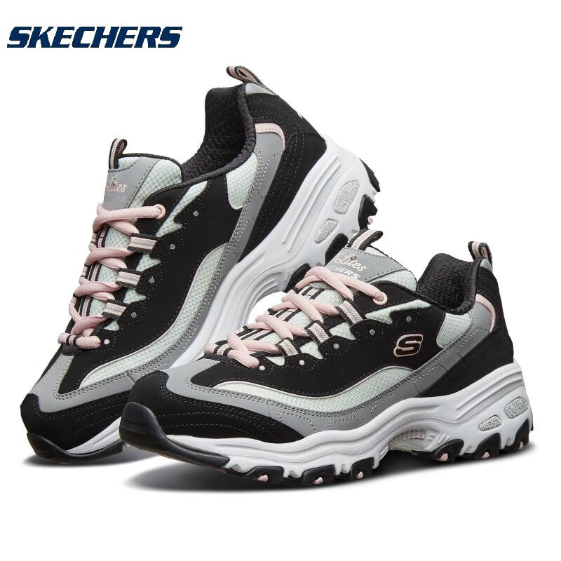 斯凯奇Skechers女 秋冬季奶茶熊厚底增高老爹鞋时尚复古休闲运动熊猫鞋 13143-BKGY