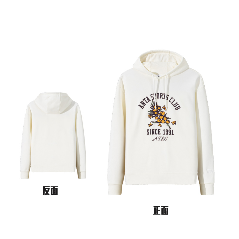 安踏（ANTA）泡芙绒卫衣女冬季新款时尚潮流印花加绒连帽卫衣162448708N 象牙白-1