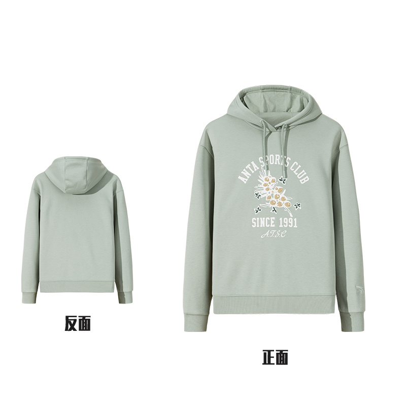 安踏泡芙绒连帽卫衣 女冬季新款时尚潮流印花加绒保暖卫衣162448708N 修复青-3
