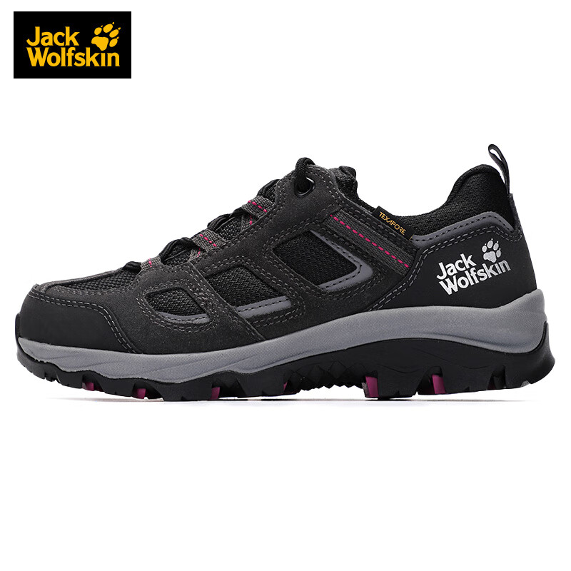 Jack Wolfskin狼爪徒步鞋女鞋秋冬户外耐磨防滑低帮橡胶大底徒步鞋 4042451-6157 钢铁黑/紫色
