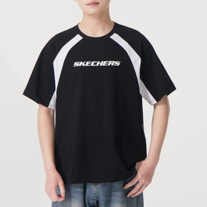 斯凯奇正品新款夏季男款圆领针织拼接短袖T恤P225U126-0019