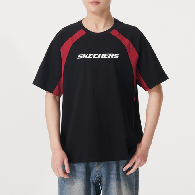 斯凯奇正品新款夏季男款圆领针织拼接短袖T恤P225U126-00GZ